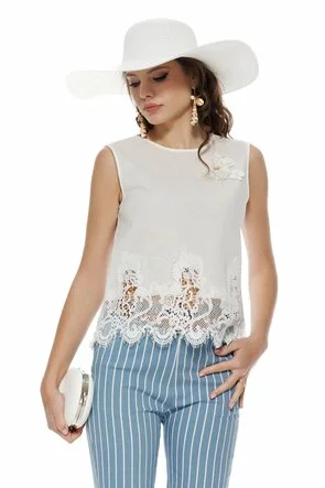 Bluza dama de vara din in alb premium cu accesorii din margele si paiete si broderie aplicata
