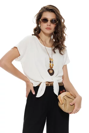Bluza dama de vara din vascoza premium alba cu nod stilizat colier din lemn