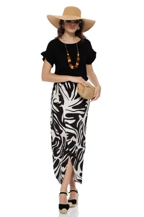 Bluza dama de vara din vascoza premium neagra cu volane si colier din lemn