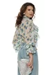 Bluza dama diafana premium din voal imprimeu floral albastru cu jabou elaborat esarfe si trandafiri