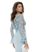 Bluza dama din dantela premium bleu elastica cu volane si decolteu reglabil