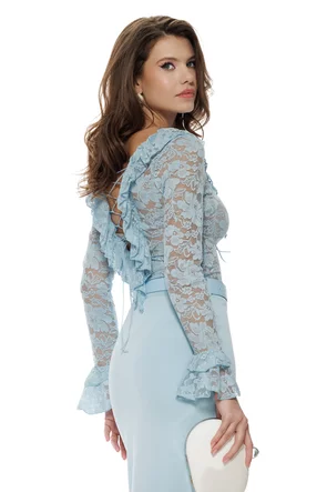 Bluza dama din dantela premium bleu elastica cu volane si decolteu reglabil