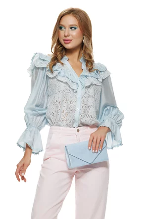 Bluza dama  din organza premium baby blue  dantela si volane
