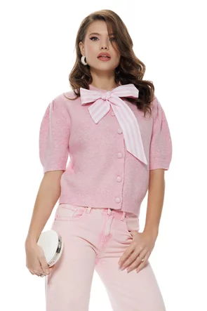 Bluza dama din tricot premium roz stil jacheta cu funda din bumbac in dungi