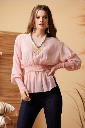 Bluza dama  din voal roz cu perle si manseta lata