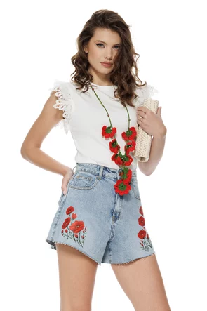 Bluza dama eleganta alba din bumbac cu maneci din dantela brodate si tul