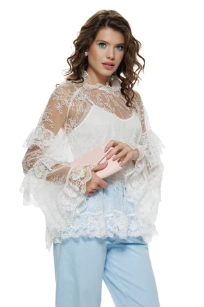 Bluza dama eleganta alba din dantela premium cu volane si maiou