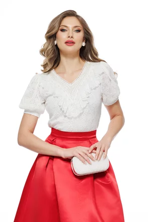 Bluza dama eleganta alba din dantela premium si aplicatii de perle