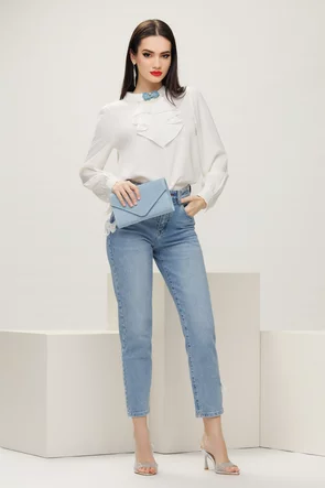 Bluza dama eleganta alba din voal premium cu jabou pliat si colier de perle