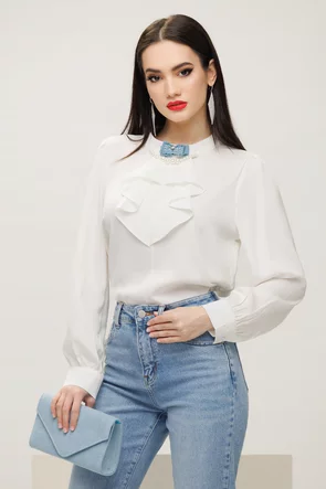 Bluza dama eleganta alba din voal premium cu jabou pliat si colier de perle