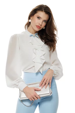 Bluză dama eleganta alba Fofy cu jabou elaborat si funda detasabila bleu