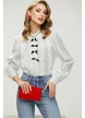 Bluza dama eleganta alba premium din organza satinata cu aplicatii de cristale si fundite decorative