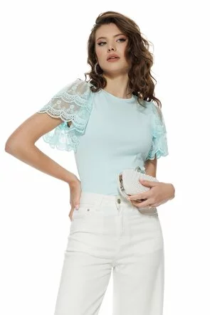 Bluza dama eleganta aqua din bumbac cu maneci din dantela premium 