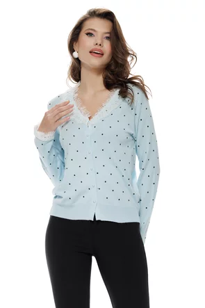 Bluza dama eleganta baby blue cu buline din vascoza premium cu contururi din dantela si nasturi perla