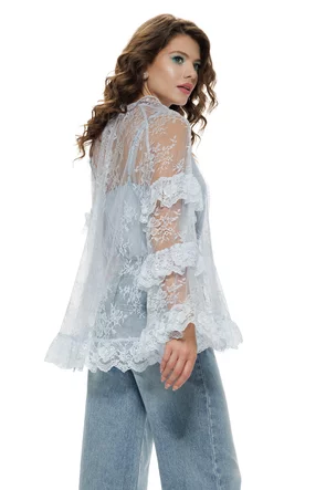 Bluza dama eleganta baby blue din dantela premium cu volane si maiou