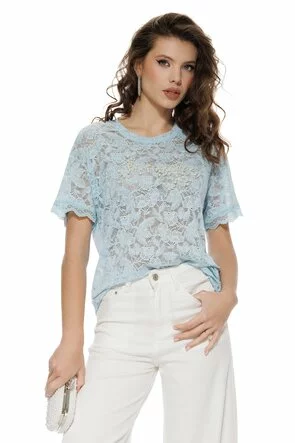 Bluza dama eleganta baby blue din dantela premium elastica cu aplicatii de perle