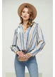 Bluza dama eleganta bleu cu dungi bej din voal satinat premium