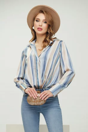 Bluza dama eleganta bleu cu dungi bej din voal satinat premium