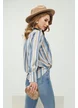 Bluza dama eleganta bleu cu dungi bej din voal satinat premium
