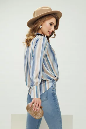 Bluza dama eleganta bleu cu dungi bej din voal satinat premium