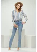 Bluza dama eleganta bleu cu dungi bej din voal satinat premium