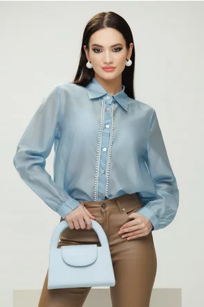 Bluza dama eleganta bleu de matase din tencel premium cu aplicatii de perle