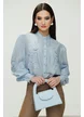 Bluza dama eleganta bleu de matase din tencel premium cu broderie aplicata