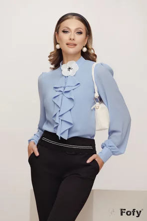 Bluză dama eleganta bleu Fofy cu jabou elaborat si floare detasabila din organza