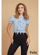 Bluză dama eleganta bleu Fofy cu maneca scurta, jabou elaborat si floare detasabila din organza