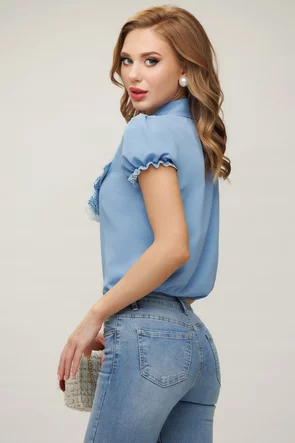 Bluza dama eleganta bleuFofy cu jabou detasabil conturat cu dantela si maneca scurta