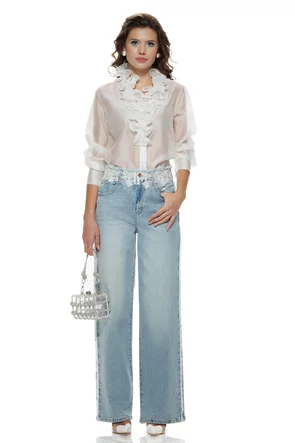 Bluza dama eleganta cloud dancer din matase de tencel cu jabou involanat