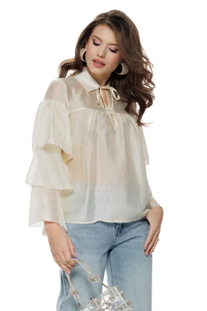 Bluza dama eleganta cloud dencer premium din matase acetat cu guler si maneci cu volane suprapuse