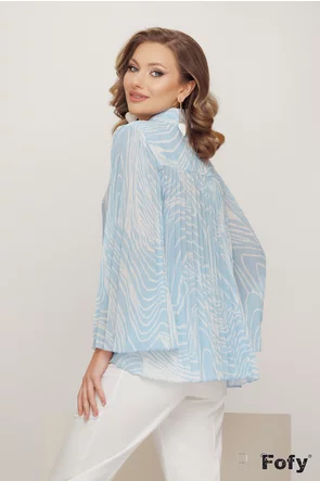 Bluza dama eleganta cu pliseuri moderne din voal imprimat bleu