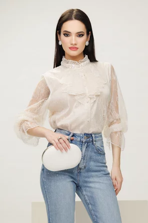 Bluza dama eleganta din dantela crem cu paiete fine cu jabou 