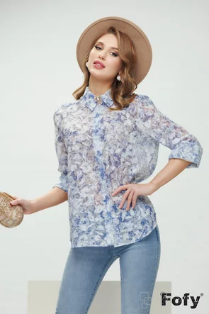 Bluza dama eleganta din jaquard de organza imprimeu floral albastru