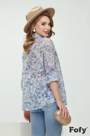 Bluza dama eleganta din jaquard de organza imprimeu floral albastru