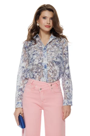 Bluza dama eleganta din jaquard de organza imprimeu floral albastru