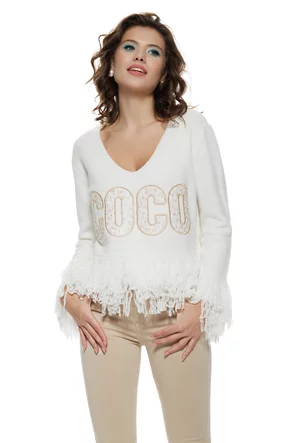 Bluza dama eleganta din tricot premium alb menta cu broderie cu floricele si franjuri