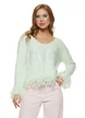 Bluza dama eleganta din tricot premium verde menta cu broderie cu floricele si franjuri