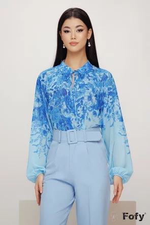 Bluza dama eleganta din voal cu imprimeu floral albastru