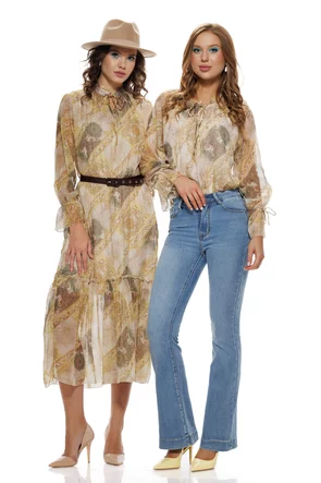 Bluza dama eleganta din voal matasos galben cu volane si imprimeu paisley