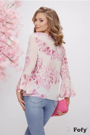 Bluza dama eleganta din voal plisat cu imprimeu floral roz