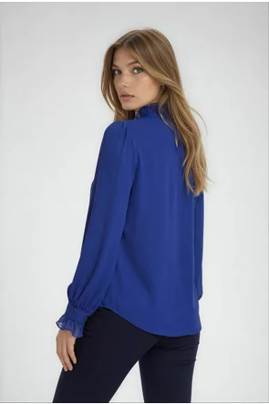 Bluză dama eleganta Fofy albastru royal din voal  jabou conturat cu lurex argintiu si strasuri la gat