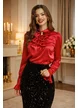 Bluză dama eleganta Fofy cu jabou din saten fin rosu cu brosa detasabila