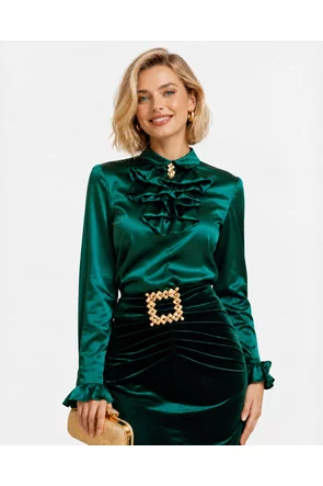Bluză dama eleganta Fofy cu jabou din saten fin verde smarald cu brosa detasabila