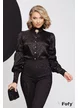 Bluză dama elegantă Fofy din jakard satinat animal print negru cu mansete din dantela elastica
