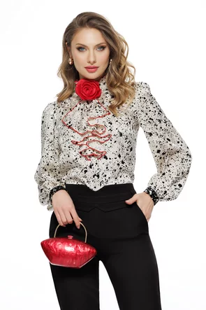 Bluza dama eleganta Fofy din vascoza premium cu jabou spiralat conturat si trandafir detasabil