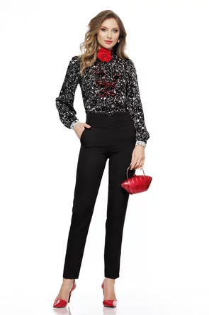 Bluza dama eleganta Fofy din vascoza premium neagra cu jabou spiralat conturat si trandafir detasabil