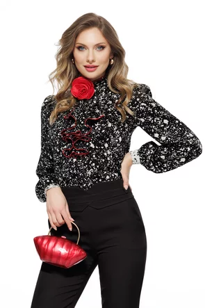 Bluza dama eleganta Fofy din vascoza premium neagra cu jabou spiralat conturat si trandafir detasabil