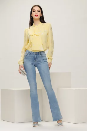 Bluza dama eleganta Fofy galbena cu imprimeu argintiu si esarfa innodata